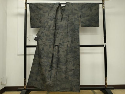 平和屋着物▽上質な紬 単衣 風景文 正絹 逸品 CAAT9519dy