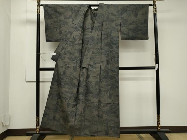 平和屋着物▽上質な紬 単衣 風景文 正絹 逸品 CAAT9519dy