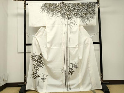 平和屋着物▽訪問着 単衣 紬地 手描き 笹竹文 金彩 鈴乃屋扱い 正絹 逸品 CAAT9523dy