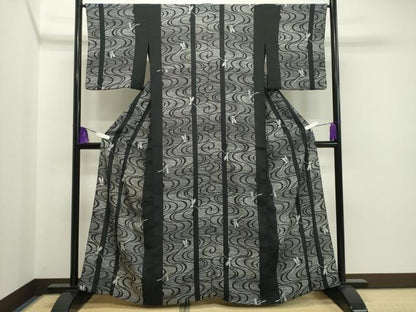 平和屋着物▽小紋 単衣 トンボ 黒地 洗える着物 CAAT9873gh