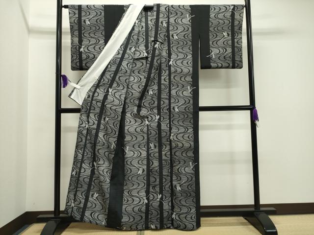 平和屋着物▽小紋 単衣 トンボ 黒地 洗える着物 CAAT9873gh