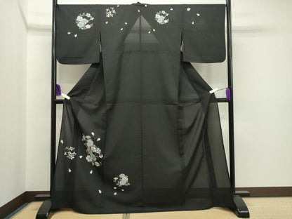 平和屋着物＊夏物 訪問着 紗 セオアルファ 朝顔 黒地 夢工房 洗える着物 CAAT9915gh