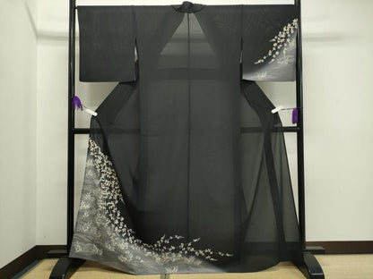 平和屋着物＊夏物　訪問着　絽縮緬　立波萩文　暈し染め　黒地　金彩　正絹　逸品　CAAT9917gh
