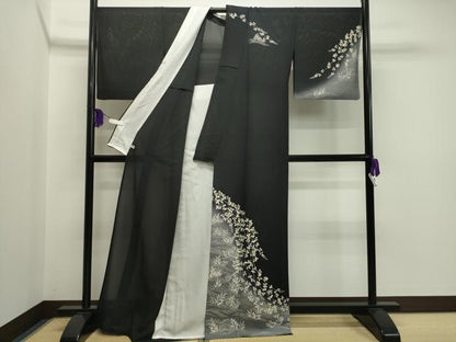 平和屋着物＊夏物　訪問着　絽縮緬　立波萩文　暈し染め　黒地　金彩　正絹　逸品　CAAT9917gh