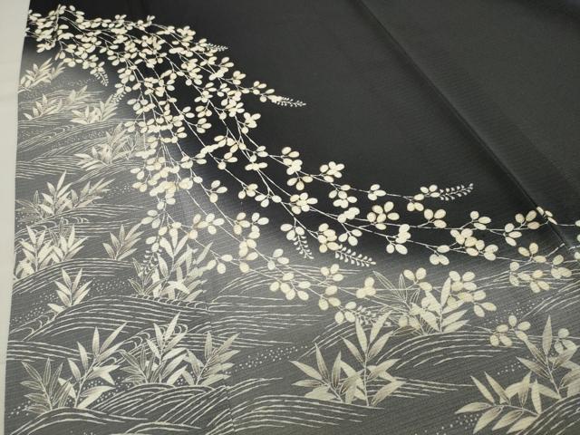 平和屋着物＊夏物　訪問着　絽縮緬　立波萩文　暈し染め　黒地　金彩　正絹　逸品　CAAT9917gh