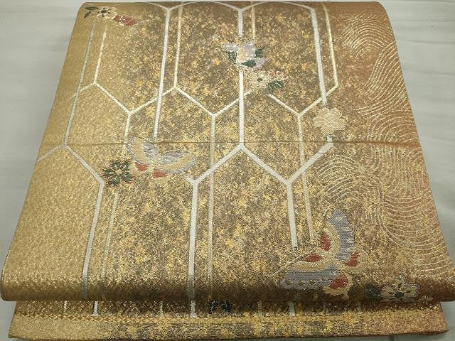 平和屋着物◎六通柄袋帯 舞蝶花文 金糸 正絹 逸品 CAAU0911yk