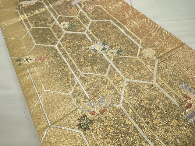 平和屋着物◎六通柄袋帯 舞蝶花文 金糸 正絹 逸品 CAAU0911yk