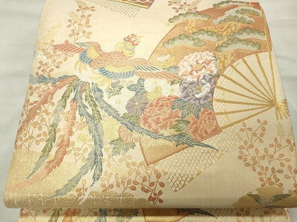 平和屋着物◎佐賀錦 六通柄袋帯 扇面鳳凰花文 金糸 正絹 逸品 CAAU0950yk