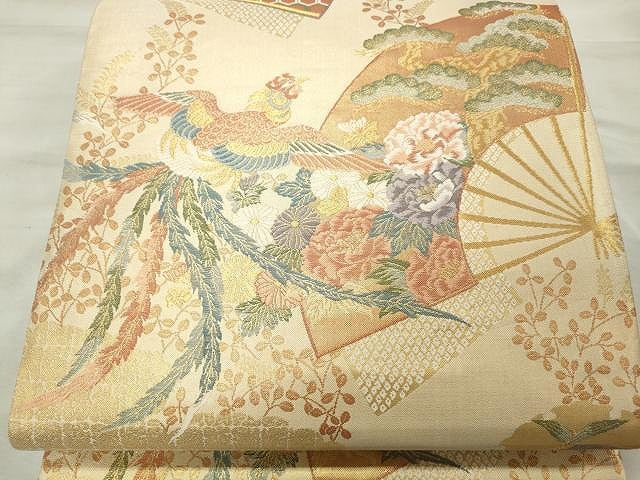 平和屋着物◎佐賀錦 六通柄袋帯 扇面鳳凰花文 金糸 正絹 逸品 CAAU0950yk
