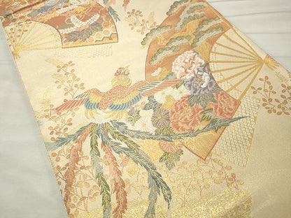 平和屋着物◎佐賀錦 六通柄袋帯 扇面鳳凰花文 金糸 正絹 逸品 CAAU0950yk