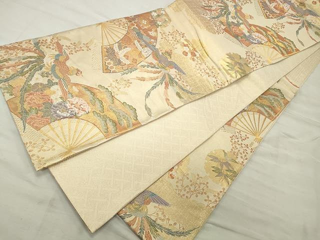 平和屋着物◎佐賀錦 六通柄袋帯 扇面鳳凰花文 金糸 正絹 逸品 CAAU0950yk