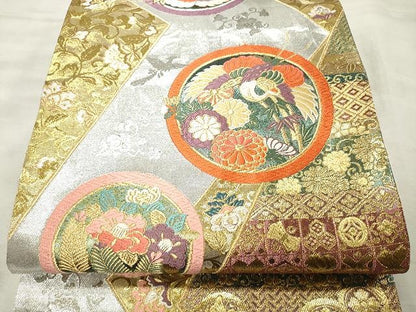 平和屋着物◎六通柄袋帯 唐織 鳳凰花丸文 金銀糸 正絹 逸品 CAAU0954yk