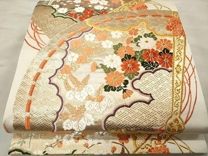 平和屋着物◎六通柄袋帯 唐織 緋扇貝重ね花文 金銀糸 正絹 逸品 CAAU0961yk