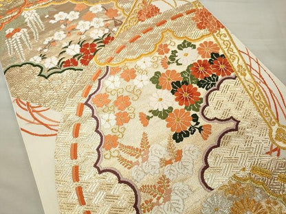 平和屋着物◎六通柄袋帯 唐織 緋扇貝重ね花文 金銀糸 正絹 逸品 CAAU0961yk