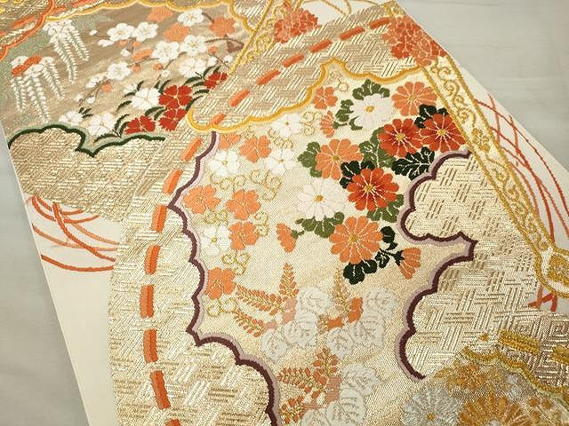 平和屋着物◎六通柄袋帯 唐織 緋扇貝重ね花文 金銀糸 正絹 逸品 CAAU0961yk