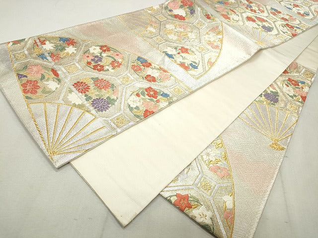 平和屋着物◎六通柄袋帯 唐織 扇面蜀江花文 金銀糸 正絹 逸品 CAAU0970yk