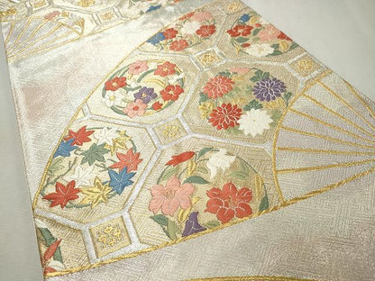 平和屋着物◎六通柄袋帯 唐織 扇面蜀江花文 金銀糸 正絹 逸品 CAAU0970yk