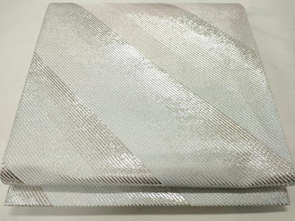 平和屋着物◎六通柄袋帯　斜線文　銀糸　正絹　逸品　CAAU0995yk