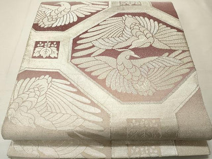平和屋着物◎太鼓柄袋帯　刺繍　向鳥蜀江花文　銀糸　正絹　逸品　CAAU0997yk