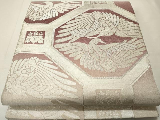 平和屋着物◎太鼓柄袋帯　刺繍　向鳥蜀江花文　銀糸　正絹　逸品　CAAU0997yk