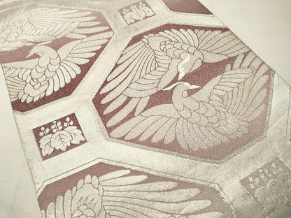 平和屋着物◎太鼓柄袋帯　刺繍　向鳥蜀江花文　銀糸　正絹　逸品　CAAU0997yk
