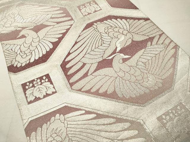 平和屋着物◎太鼓柄袋帯　刺繍　向鳥蜀江花文　銀糸　正絹　逸品　CAAU0997yk
