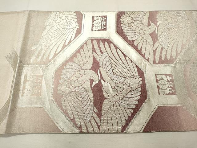 平和屋着物◎太鼓柄袋帯　刺繍　向鳥蜀江花文　銀糸　正絹　逸品　CAAU0997yk