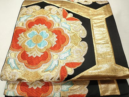 平和屋着物◎六通柄袋帯 唐織 正倉院花文 黒地 金銀糸 正絹 逸品 CAAU1009yk