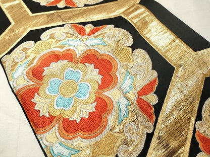平和屋着物◎六通柄袋帯 唐織 正倉院花文 黒地 金銀糸 正絹 逸品 CAAU1009yk