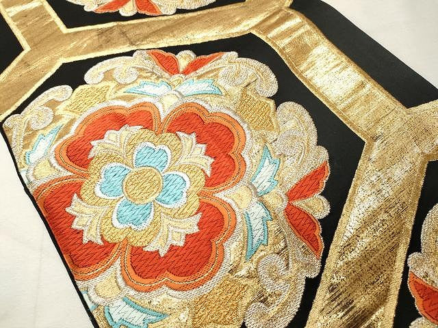平和屋着物◎六通柄袋帯 唐織 正倉院花文 黒地 金銀糸 正絹 逸品 CAAU1009yk