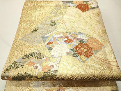 平和屋着物◎六通柄袋帯 唐織 地紙重ね鳳凰花文 金糸 正絹 逸品 CAAU1021yk