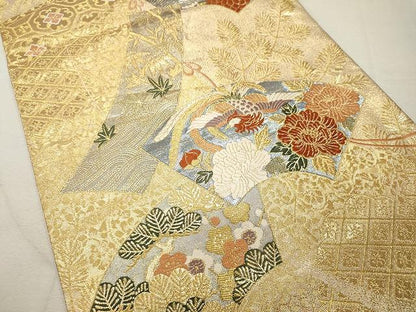 平和屋着物◎六通柄袋帯 唐織 地紙重ね鳳凰花文 金糸 正絹 逸品 CAAU1021yk