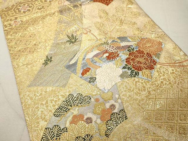 平和屋着物◎六通柄袋帯 唐織 地紙重ね鳳凰花文 金糸 正絹 逸品 CAAU1021yk