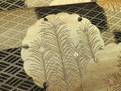 平和屋着物●六通柄袋帯 唐織 雪輪枝花文 黒地 金糸 正絹 逸品 未使用 CAAU1036yk