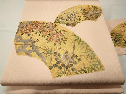 平和屋着物●九寸名古屋帯 手描き 雀 地紙花文 金彩 正絹 逸品 CAAU1039yk