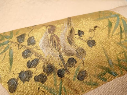 平和屋着物●九寸名古屋帯 手描き 雀 地紙花文 金彩 正絹 逸品 CAAU1039yk