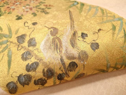 平和屋着物●九寸名古屋帯 手描き 雀 地紙花文 金彩 正絹 逸品 CAAU1039yk
