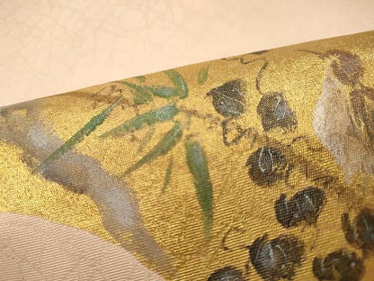 平和屋着物●九寸名古屋帯 手描き 雀 地紙花文 金彩 正絹 逸品 CAAU1039yk