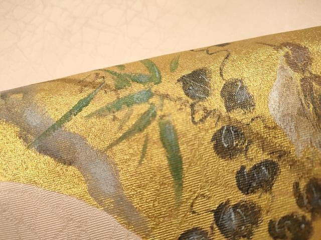平和屋着物●九寸名古屋帯 手描き 雀 地紙花文 金彩 正絹 逸品 CAAU1039yk