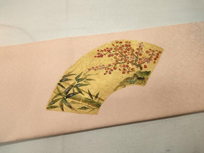 平和屋着物●九寸名古屋帯 手描き 雀 地紙花文 金彩 正絹 逸品 CAAU1039yk