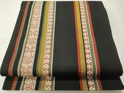 平和屋着物●本場筑前博多織 八寸名古屋帯 花間道 黒地 正絹 逸品 CAAU1040yk