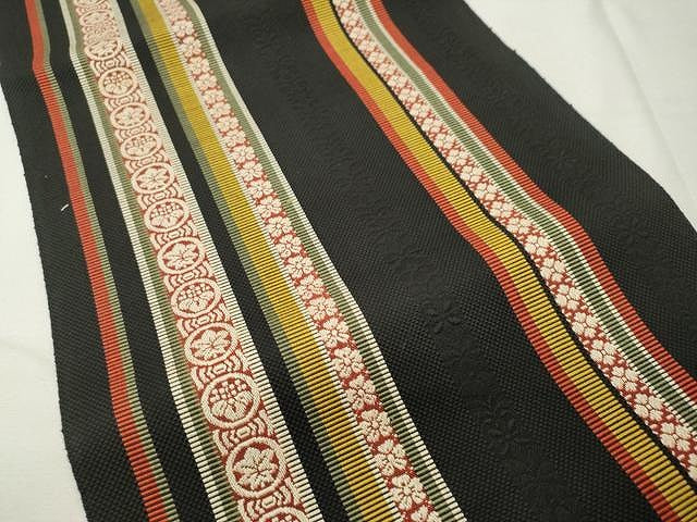 平和屋着物●本場筑前博多織 八寸名古屋帯 花間道 黒地 正絹 逸品 CAAU1040yk