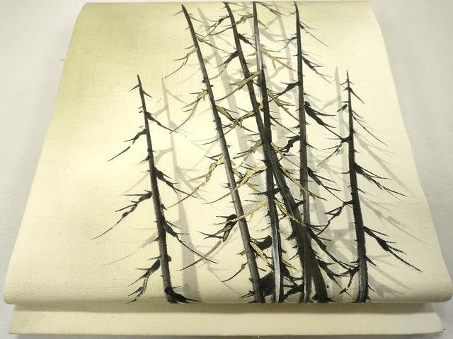 平和屋着物●九寸開き名古屋帯 手描き 紬地 枝木文 金彩 正絹 逸品 CAAU1087yk