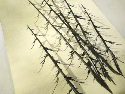 平和屋着物●九寸開き名古屋帯 手描き 紬地 枝木文 金彩 正絹 逸品 CAAU1087yk