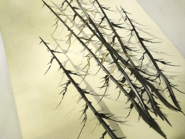 平和屋着物●九寸開き名古屋帯 手描き 紬地 枝木文 金彩 正絹 逸品 CAAU1087yk