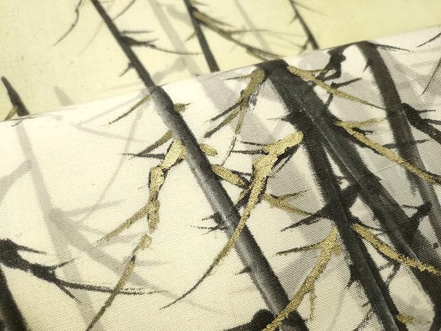 平和屋着物●九寸開き名古屋帯 手描き 紬地 枝木文 金彩 正絹 逸品 CAAU1087yk