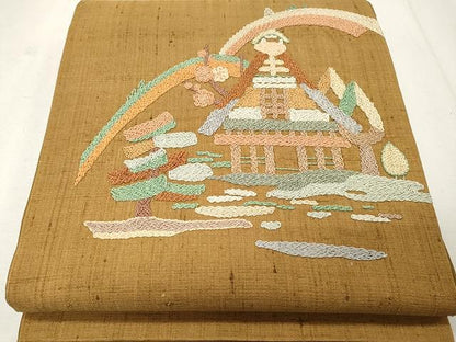 平和屋着物●太鼓柄袋帯 紬地 総刺繍 風景花文 正絹 逸品 CAAU1100yk