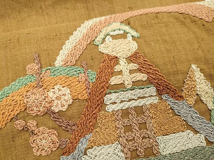 平和屋着物●太鼓柄袋帯 紬地 総刺繍 風景花文 正絹 逸品 CAAU1100yk