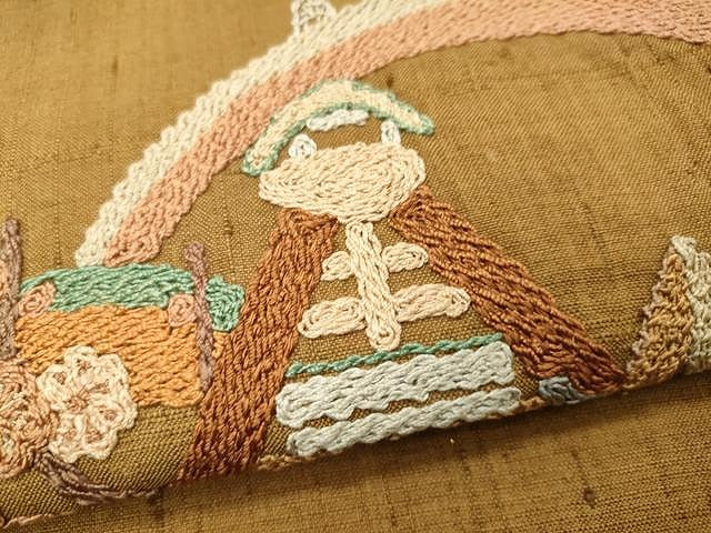平和屋着物●太鼓柄袋帯 紬地 総刺繍 風景花文 正絹 逸品 CAAU1100yk