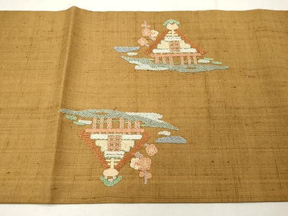 平和屋着物●太鼓柄袋帯 紬地 総刺繍 風景花文 正絹 逸品 CAAU1100yk